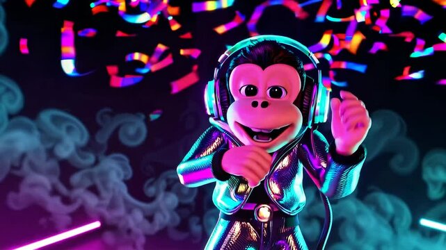 Animated monkey DJ dancing under neon lights and confetti, fun party scene full of energy, celebration and music vibes