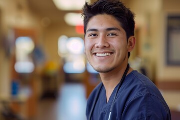 Obraz premium Young Hispanic nurse wearing scrubs in a nursing home smiling portrait