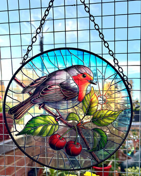 Hanging stained glass window suncatcher with a Robin Redbreast perching on a branch, with a garden background- Generic artwork with no identifying marks