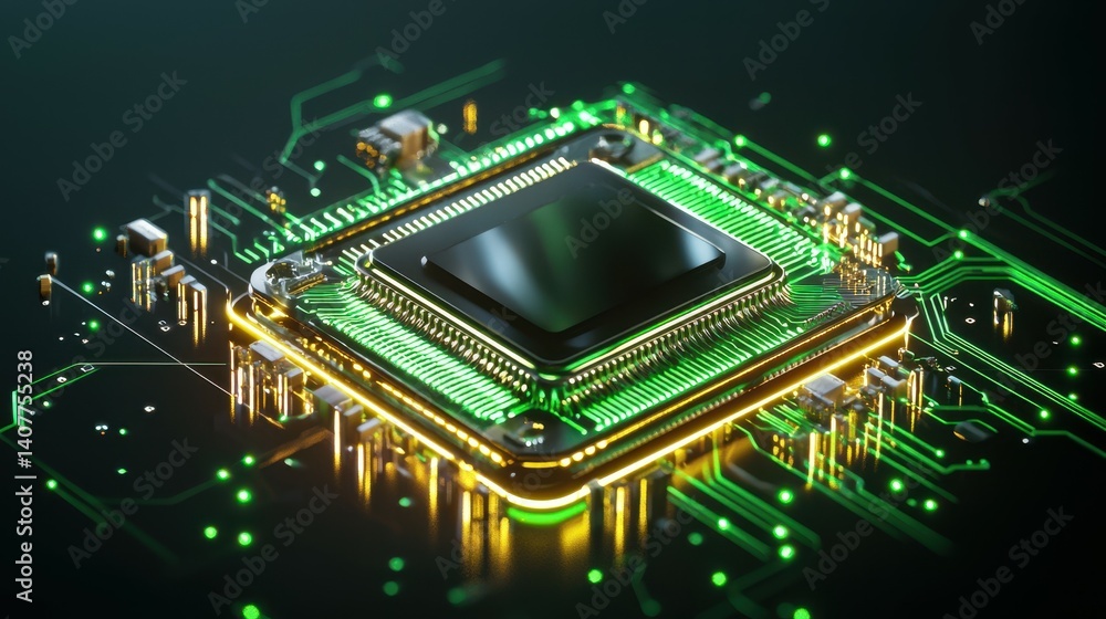 Poster close-up of a modern microprocessor with vibrant green led lights and intricate circuitry.