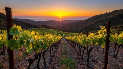 Naklejka premium Sunrise over vineyard rows, hillside vista, California