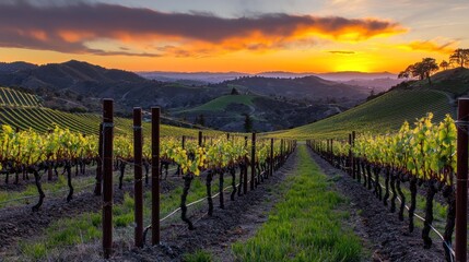 Fototapeta premium Vineyard rows at sunset, California hills