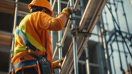 Construction worker securing scaffolding to a building frame. Featuring teamwork and focus