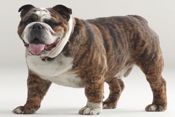 Obraz premium Bulldog stands proudly showcasing its distinctive coat and friendly demeanor indoors in a well-lit room during daytime