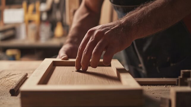 Carpenter assembling wooden frame for cabinet. Featuring craftsmanship and attention to detail