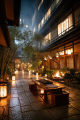 serene ryokan courtyard at night with glowing paper lanterns, wooden benches, and warm, tranquil ambiance
