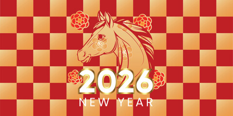 Chessboard, Holiday, Celebration, Happy New Year, Chinese New Year, 2026, Symbol, Horse, Silhouette, Lettering, Numbers, Flowers, Style, Red, Golden, Gold, Burgundy, White, Vector Illustration