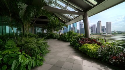 Singapore city view patio, lush greenery, modern architecture
