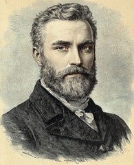 Fototapeta premium Vintage Portrait of a Bearded Man in Victorian Art Style with Sepia Tones and Cross-Hatching
