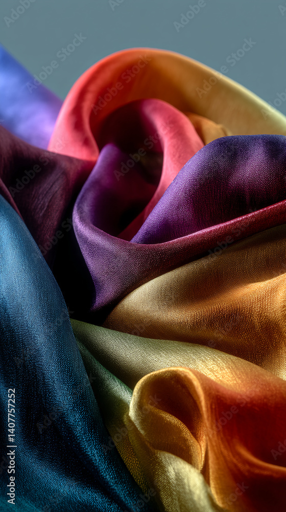 Poster close-up of colorful silk fabric texture, showing a smooth, flowing drape. the image showcases luxur