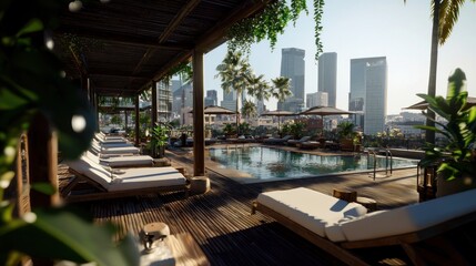 Obraz premium Rooftop pool deck lounge with city view, perfect for relaxation