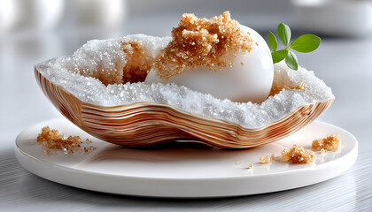 Gourmet dessert;  egg-shaped confection nestled in a shell, topped with brown sugar, served on a white plate