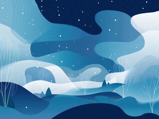 Scandinavian flat aurora motifs in soft gradient blues with crisp white outlines, flowing organic shapes for minimalist nordic landscape branding concepts.