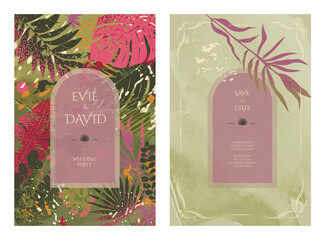 Wedding party invitation template. Tropical theme, suitable for other themed parties. Watercolor vector textures.