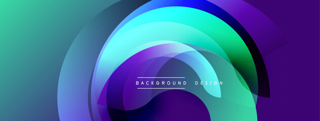 Abstract design features overlapping circular layers. Gradient transitions shift from turquoise to purple. Modern aesthetic, suitable for digital backgrounds or presentations. Minimalist style with te