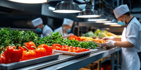 Obraz premium A vibrant kitchen scene showcasing chefs preparing fresh vegetables under industrial lighting, highlighting teamwork and culinary creativity.