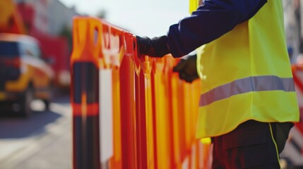 Construction worker setting up a construction site safety barrier. Featuring care and attention to detail