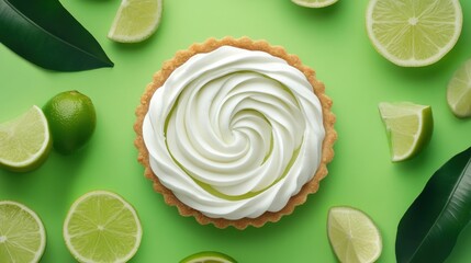 Delicious Fresh Lime Tart with Creamy Swirl Topping Surrounded by Sliced Limes on a Bright Green Background for a Refreshing Dessert Appeal