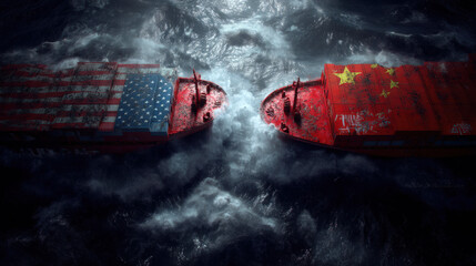 Two cargo ships with USA and China flags collide in stormy seas, symbolizing tension and conflict