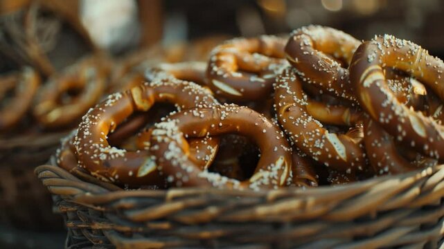 Close-Up of Brown Pretzels in a Wicker Basket