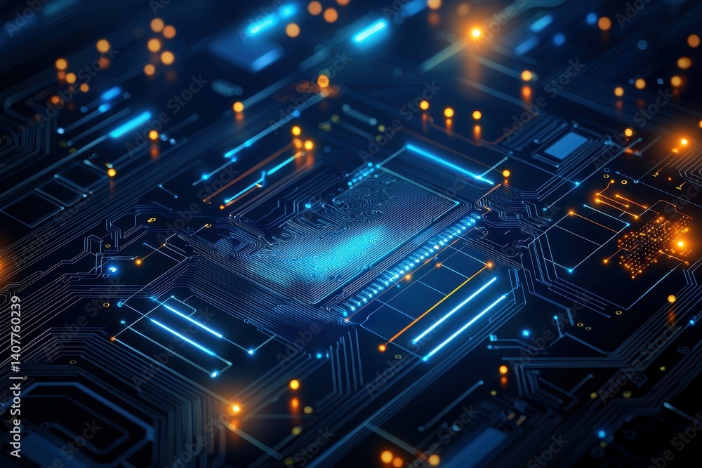 Poster close-up of a vibrant circuit board with glowing elements and intricate connections.