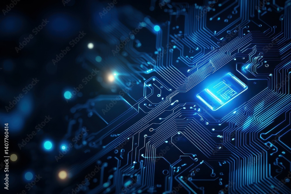 Poster close-up of a futuristic microchip with glowing circuits and blue neon lights.