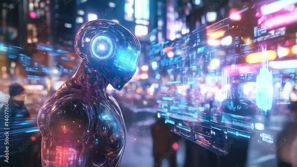 Poster A humanoid robot engages with dynamic digital displays, showcasing advancements in technology.