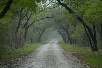 Naklejka premium Gravel path disappears into misty, green forest, with arching tree limbs. Use for backgrounds showing nature, peace, or journey's unknown.