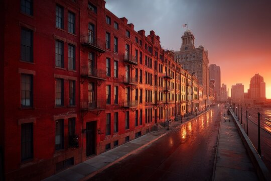 Sunset illuminates historic red brick buildings along waterfront street in urban setting - Powered by Adobe