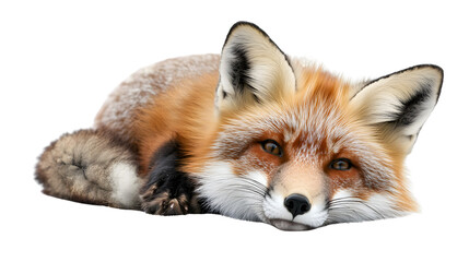 Obraz premium Graceful Red Fox Vulpes Vulpes Lying Isolated on White Background