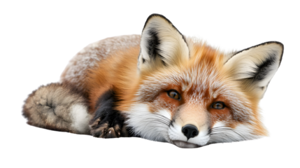 Graceful Red Fox Vulpes Vulpes Lying Isolated on White Background