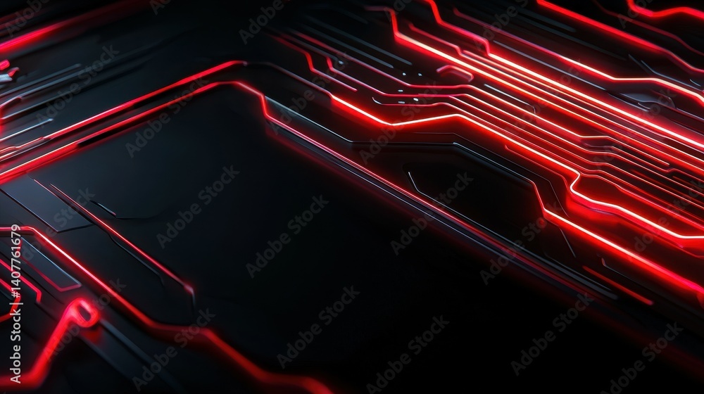 Poster sleek black background with vibrant red circuit patterns glowing elegantly.