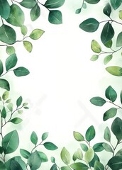 Obraz premium Green Leaves Botanical Art Watercolor Frame with White Space Minimalist Composition