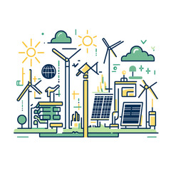Векторная иллюстрация, посвящённая возобновляемым источникам энергии: солнечным панелям, ветрякам, экологии и устойчивому будущему. Чистая энергия для планеты.