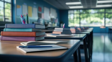 Classroom desks with books and supplies, sunlight streaming through windows