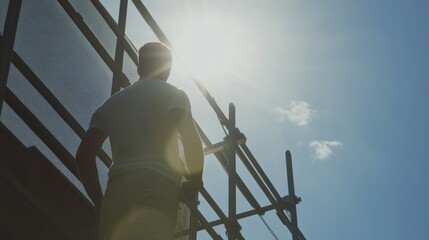 Construction worker setting up scaffolding. Featuring teamwork and safety