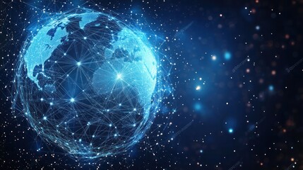Fototapeta premium Futuristic Blockchain Technology Digital Globe with Interconnected Network Lines in Cosmic Background
