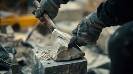 Mason using a hammer and chisel to carve stone. Featuring skill and technique