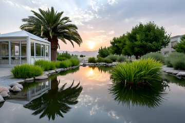 Serene sunset reflected in a tranquil pond, beside a gazebo and lush landscaping