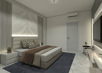 Relaxing 3D bedroom interior showcasing a comfortable bed and a headboard panel incorporating wood, marble details, and attractive lighting.
