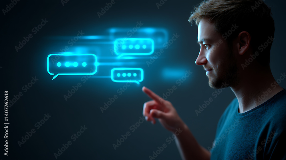 Poster a modern individual engaged in a futuristic chat. illustrating the interactive touch technology with