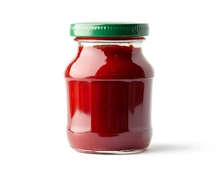 A glass jar of tomato sauce with a green lid, isolated on a white background