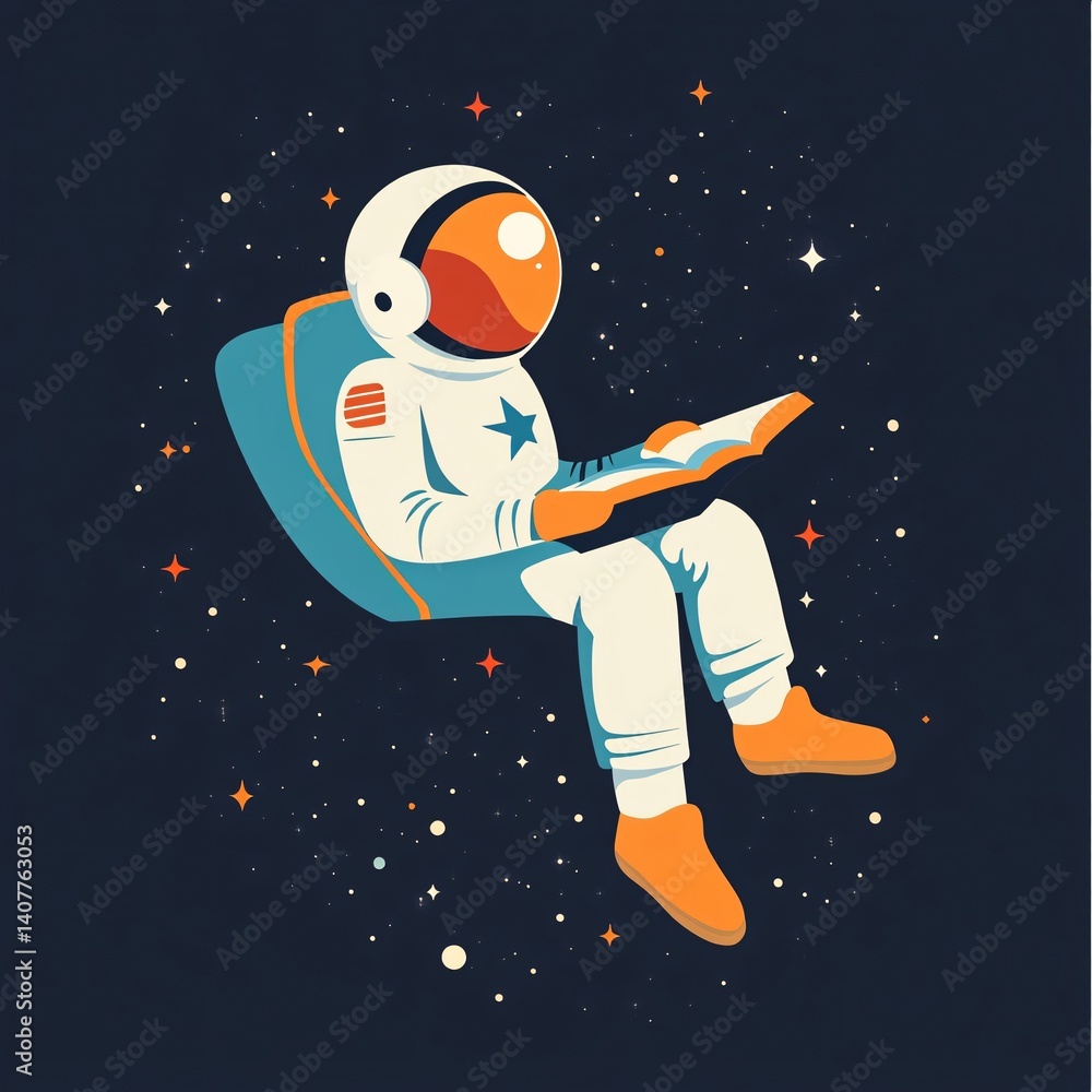 Poster astronaut reading a book while floating in space