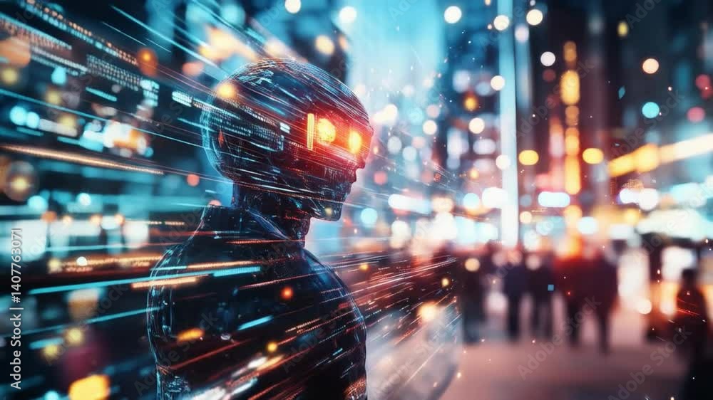Aufkleber A humanoid robot is positioned in a dynamic training environment, surrounded by a bustling corporate cityscape. Lights reflect off its structure as it participates in advanced development activities.