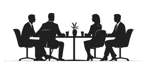 Silhouette illustration of four business professionals seated around a table, likely in a meeting.