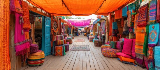 Obraz premium Colorful artisan market stalls, vibrant fabrics, wooden walkway