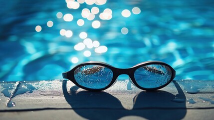A sharp silhouette of swimming goggles resting on the edge of a pool