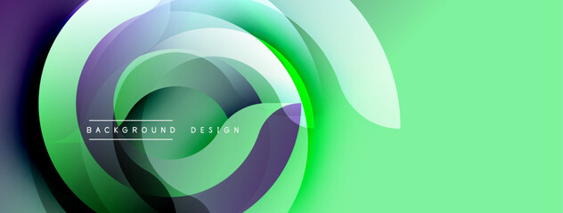 Abstract design features swirling layers, gradients. Green, purple hues dominate composition. Modern aesthetic, clean lines suggest movement, depth. Minimalist style.