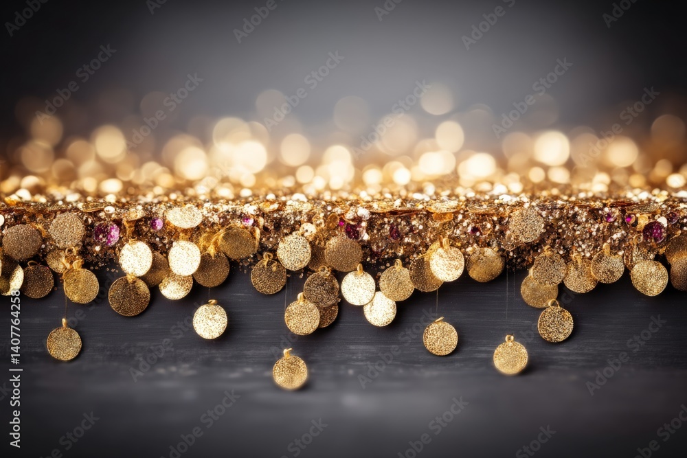 Poster shimmering golden sequins drape gracefully against a dark backdrop, creating an elegant and festive 