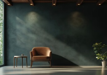 Minimalist Modern Loft Living Room with Dark Color Palette and Ambient Lighting